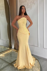 Dazzling Yellow Strapless Sleeveless Satin Mermaid Evening Dresses Column With Zipper