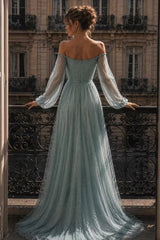 Dazzling Dusty Blue Off The Shoulder Long Sleeves Evening Dresses A-Line Gem With Zipper Pleats