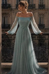Dazzling Dusty Blue Off The Shoulder Long Sleeves Evening Dresses A-Line Gem With Zipper Pleats