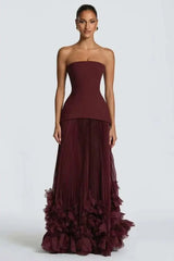 Timeless Cabernet Strapless Sleeveless Floor Length Evening Dresses Zipper With Pleats
