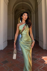 Glamorous Sage One Shoulder Sleeveless Satin Mermaid Evening Dresses Column With Lace-Up Back