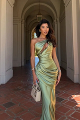 Glamorous Sage One Shoulder Sleeveless Satin Mermaid Evening Dresses Column With Lace-Up Back