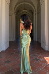 Glamorous Sage One Shoulder Sleeveless Satin Mermaid Evening Dresses Column With Lace-Up Back