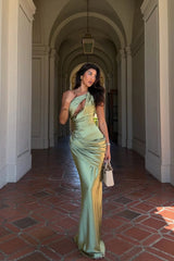 Glamorous Sage One Shoulder Sleeveless Satin Mermaid Evening Dresses Column With Lace-Up Back