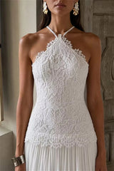 Luxury White Halter Sleeveless Lace Chiffon Evening Dresses Floor Length With Pleats Zipper