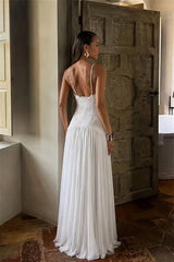 Luxury White Halter Sleeveless Lace Chiffon Evening Dresses Floor Length With Pleats Zipper