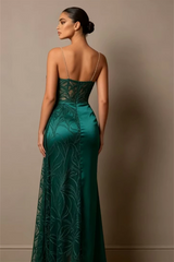 Glamorous Green Sweetheart Spaghetti-Straps Sleeveless Satin Evening Dresses High Split Gem With Zipper
