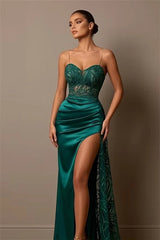 Glamorous Green Sweetheart Spaghetti-Straps Sleeveless Satin Evening Dresses High Split Gem With Zipper