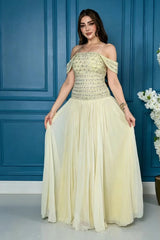 Glamorous Daffodil Off The Shoulder Chiffon Evening Dresses Gem Floor Length With Pleats