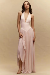 Dazzling Pink V-Neck Halter Sleeveless Evening Dresses Backless Floor Length With Zipper