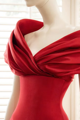 Elegant Red Off The Shoulder Satin Evening Dresses A-Line With Pocket Pleats