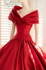 Elegant Red Off The Shoulder Satin Evening Dresses A-Line With Pocket Pleats