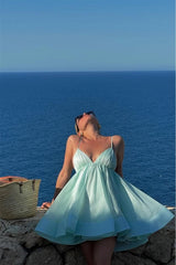 Timeless Blue Spaghetti-Straps V-Neck Sleeveless Homecoming Dresses Mini With Criss-Cross Back