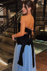 Elegant Black Blue Strapless Sleeveless A-Line Evening Dresses Floor Length With Pleats