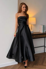 Elegant Black Strapless Sleeveless Satin Evening Dresses A-Line Ankle Length With Pleats