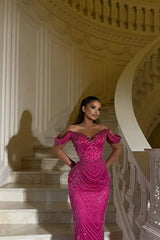 Dazzling Fuchsia Sweetheart Off The Shoulder Mermaid Gem Floor Length Evening Dresses