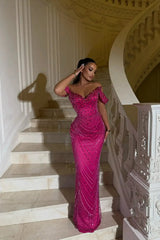 Dazzling Fuchsia Sweetheart Off The Shoulder Mermaid Gem Floor Length Evening Dresses