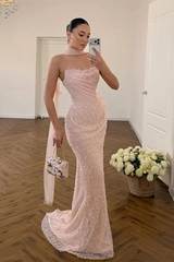 Timeless Pink Strapless Sleeveless Mermaid Evening Dresses Sheath With Beads Pleats