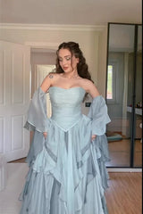 Dazzling Dusty Blue Sweetheart Strapless Chiffon Evening Dresses A-Line With Lace-Up Back