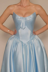 Glamorous Sky Blue Strapless Sleeveless Satin Evening Dresses Ankle Length Pocket With Lace-Up Back