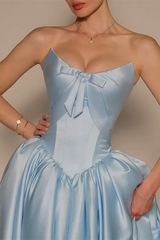 Glamorous Sky Blue Strapless Sleeveless Satin Evening Dresses Ankle Length Pocket With Lace-Up Back