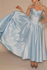 Glamorous Sky Blue Strapless Sleeveless Satin Evening Dresses Ankle Length Pocket With Lace-Up Back