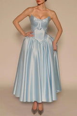Glamorous Sky Blue Strapless Sleeveless Satin Evening Dresses Ankle Length Pocket With Lace-Up Back