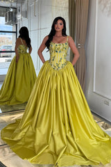 Dazzling Spaghetti-Straps Sleeveless Satin Evening Dresses A-Line Gem With Lace-Up Back