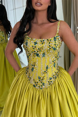 Dazzling Spaghetti-Straps Sleeveless Satin Evening Dresses A-Line Gem With Lace-Up Back