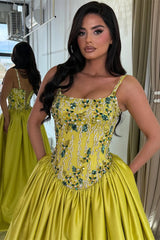 Dazzling Spaghetti-Straps Sleeveless Satin Evening Dresses A-Line Gem With Lace-Up Back