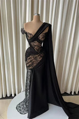 Romantic Black One Shoulder Lace Mermaid Evening Dresses Floor Length With Beads