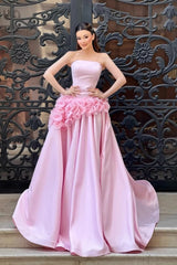 Glamorous Pink Strapless Sleeveless Satin Evening Dresses A-Line With Pleats Flower