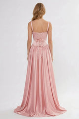 Timeless Dusty Rose Spaghetti-Straps Sweetheart Sleeveless Satin Evening Dresses Floor Length With Lace-Up Back