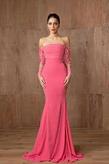 Dazzling Off The Shoulder Long Sleeves Mermaid Satin Floor Length Evening Dresses