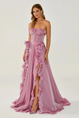 Dazzling Strapless Sleeveless A-Line Evening Dresses High Split With Lace-Up Back