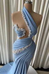 Dazzling Dusty Blue Asymmetrical Sleeveless Mermaid Satin Evening Dresses Pearls With Pleats