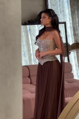 Dazzling Brown Sweetheart Strapless Sleeveless Chiffon Evening Dresses Gem With Lace-Up Back