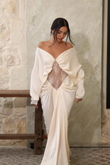 Glamorous Off The Shoulder Long Sleeves Satin Lace Evening Dresses Floor Length With Pleats