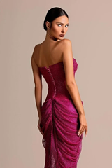 Dazzling Fuchsia Strapless Sleeveless Mermaid Evening Dresses High Split With Lace-Up Back