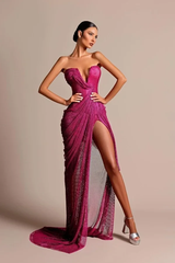 Dazzling Fuchsia Strapless Sleeveless Mermaid Evening Dresses High Split With Lace-Up Back