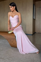 Elegant Pink Sweetheart Strapless Sleeveless Satin Mermaid Evening Dresses Column With Zipper