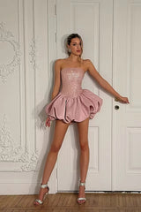 Glamorous Dusty Pink Strapless Sleeveless Homecoming Dresses Mini With Lace-Up Back