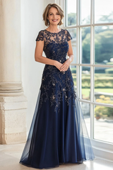 Romantic Dark Blue Short Sleeves A-Line Evening Dresses Floor Length With Beads Pleats