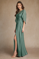 Luxury Dusty Sage Short Sleeves Satin Evening Dresses High Split With Zipper Pleats
