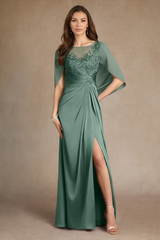 Luxury Dusty Sage Short Sleeves Satin Evening Dresses High Split With Zipper Pleats