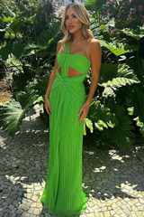 Timeless Green Asymmetrical Sleeveless Evening Dresses Floor Length Column With Pleats