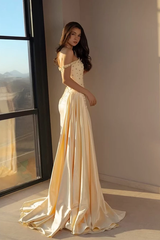 Dazzling Champagne Off The Shoulder Satin Mermaid Evening Dresses Sheath Gem With Pleats