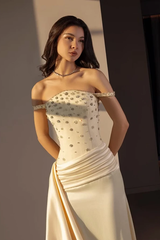 Dazzling Champagne Off The Shoulder Satin Mermaid Evening Dresses Sheath Gem With Pleats