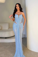 Dazzling Sky Blue Strapless Sleeveless Mermaid Evening Dresses Column With Pleats