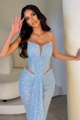Dazzling Sky Blue Strapless Sleeveless Mermaid Evening Dresses Column With Pleats